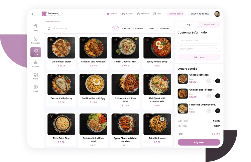 Grilled beef steak dish displayed on restaurant management software interface.